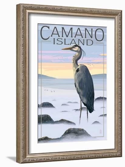 Camano Island, Washington - Blue Heron and Fog-Lantern Press-Framed Art Print