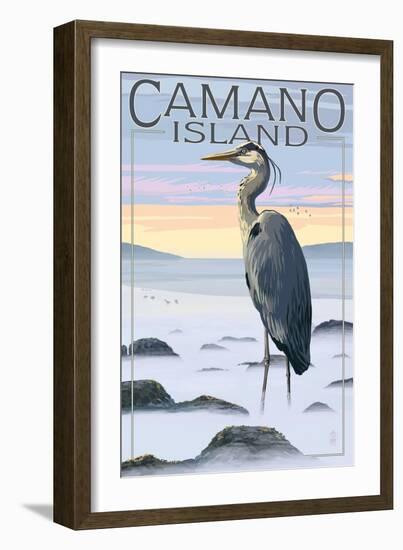 Camano Island, Washington - Blue Heron and Fog-Lantern Press-Framed Art Print