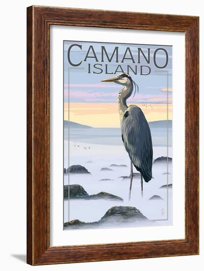 Camano Island, Washington - Blue Heron and Fog-Lantern Press-Framed Art Print