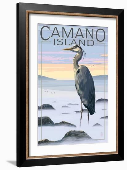 Camano Island, Washington - Blue Heron and Fog-Lantern Press-Framed Art Print