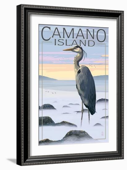 Camano Island, Washington - Blue Heron and Fog-Lantern Press-Framed Art Print