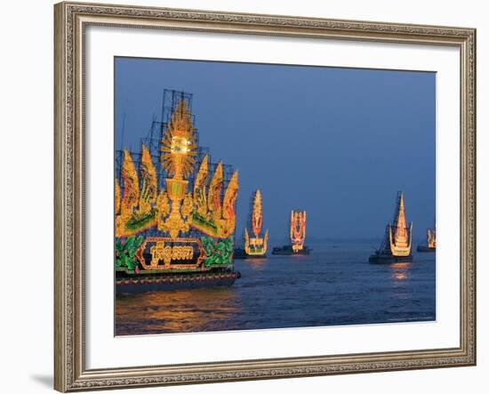 Cambodia's Illuminated Boats Make Their Way Along the Tonle Sap River-Heng Sinith-Framed Photographic Print