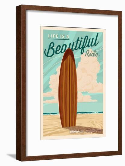 Cambria, California - Life is a Beautiful Ride - Surfboard - Letterpress-Lantern Press-Framed Art Print