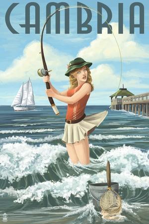 Cambria, California - Pinup Girl Fishing' Art Print - Lantern Press