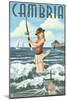 Cambria, California - Pinup Girl Fishing-Lantern Press-Mounted Art Print