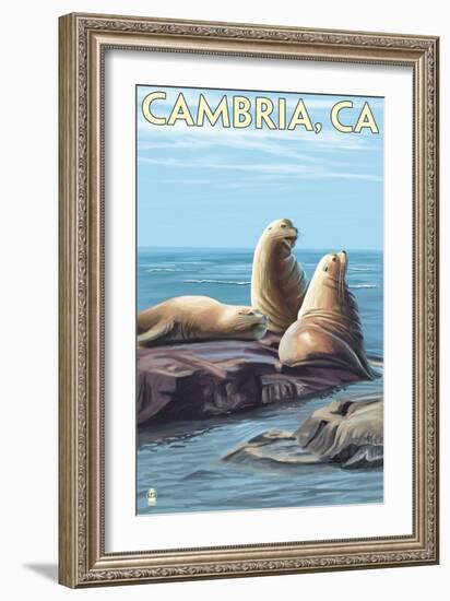 Cambria, California - Sea Lions, c.2009-Lantern Press-Framed Art Print