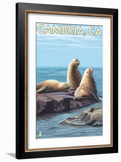 Cambria, California - Sea Lions, c.2009-Lantern Press-Framed Art Print