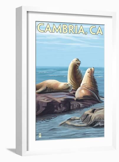 Cambria, California - Sea Lions, c.2009-Lantern Press-Framed Art Print