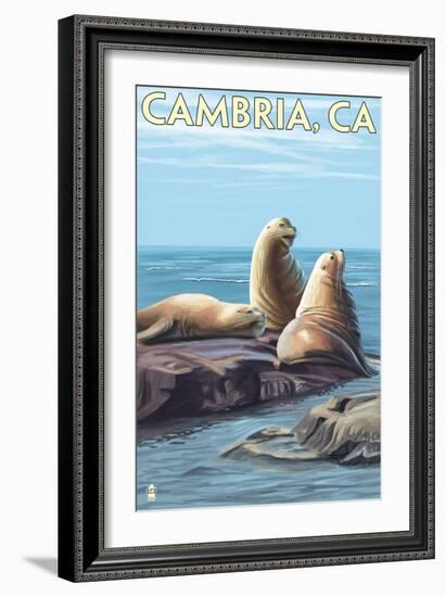 Cambria, California - Sea Lions, c.2009-Lantern Press-Framed Art Print