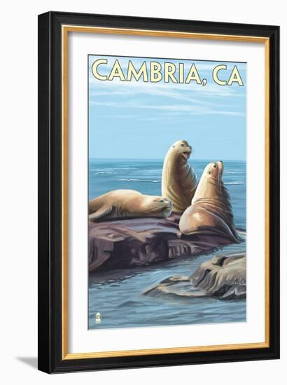 Cambria, California - Sea Lions, c.2009-Lantern Press-Framed Art Print