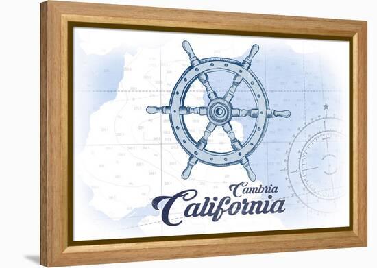 Cambria, California - Ship Wheel - Blue - Coastal Icon-Lantern Press-Framed Stretched Canvas