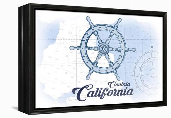 Cambria, California - Ship Wheel - Blue - Coastal Icon-Lantern Press-Framed Stretched Canvas