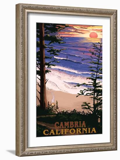 Cambria, California - Sunset & Surfers-Lantern Press-Framed Art Print