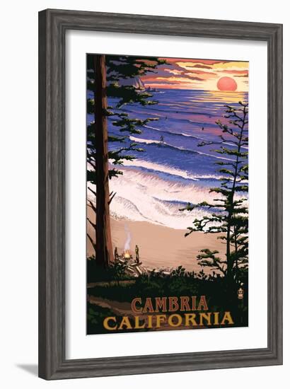 Cambria, California - Sunset & Surfers-Lantern Press-Framed Art Print