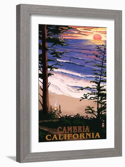 Cambria, California - Sunset & Surfers-Lantern Press-Framed Art Print
