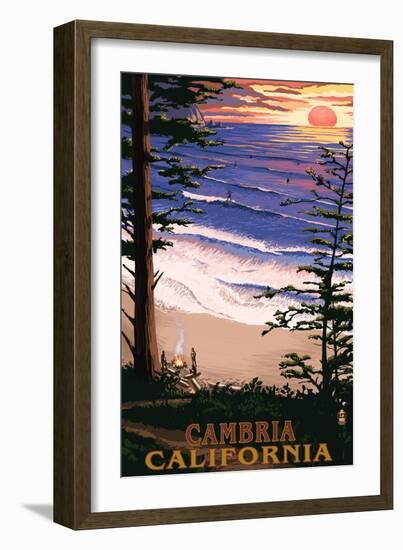 Cambria, California - Sunset & Surfers-Lantern Press-Framed Art Print