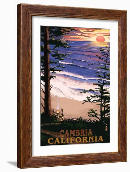 Cambria, California - Sunset & Surfers-Lantern Press-Framed Art Print