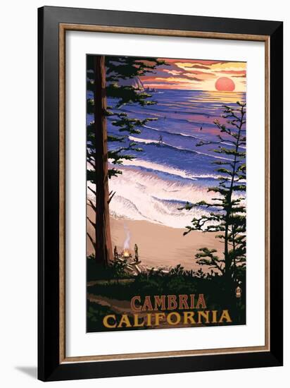 Cambria, California - Sunset & Surfers-Lantern Press-Framed Art Print