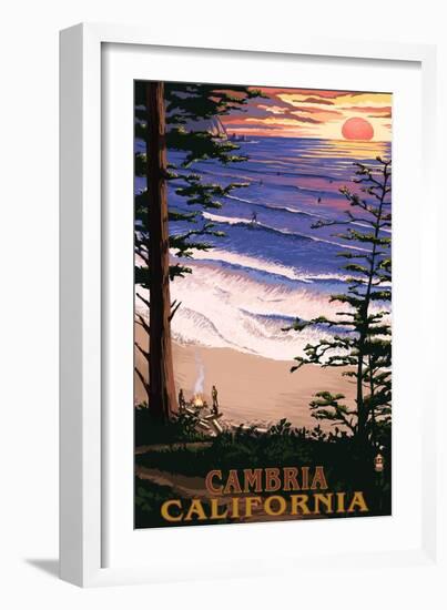 Cambria, California - Sunset & Surfers-Lantern Press-Framed Art Print