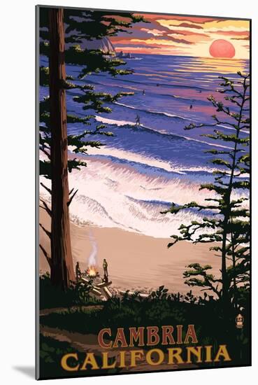 Cambria, California - Sunset & Surfers-Lantern Press-Mounted Art Print