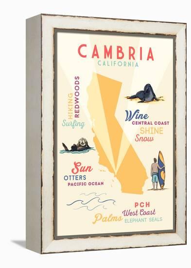 Cambria, California - Typography and Icons-Lantern Press-Framed Stretched Canvas