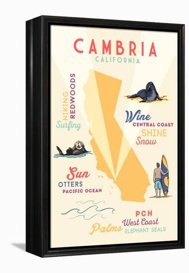 Cambria, California - Typography and Icons-Lantern Press-Framed Stretched Canvas