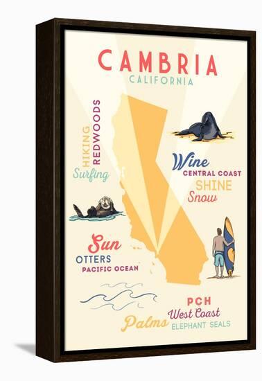 Cambria, California - Typography and Icons-Lantern Press-Framed Stretched Canvas