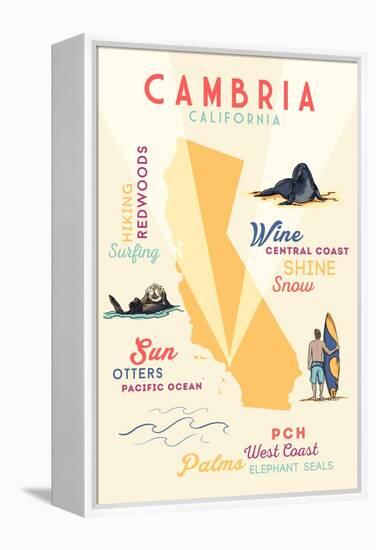 Cambria, California - Typography and Icons-Lantern Press-Framed Stretched Canvas