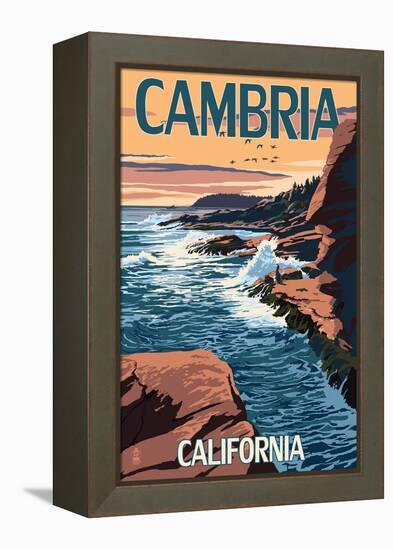 Cambria, California - Waves Crashing on Rocks-Lantern Press-Framed Stretched Canvas