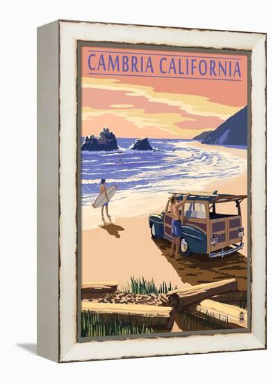 Cambria, California - Woody on Beach-Lantern Press-Framed Stretched Canvas