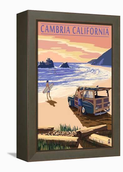 Cambria, California - Woody on Beach-Lantern Press-Framed Stretched Canvas