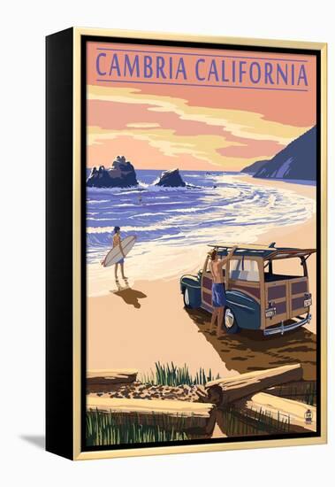 Cambria, California - Woody on Beach-Lantern Press-Framed Stretched Canvas