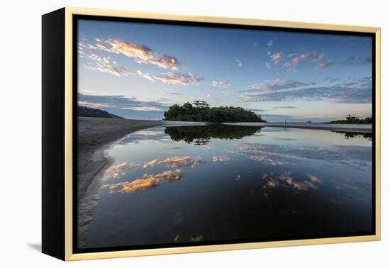 Camburi Beach and a Small Island Reflected in a River Entering the Ocean-Alex Saberi-Framed Premier Image Canvas