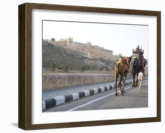 Camel and Elephant Walking Past Amber Fort, Amber, Rajasthan, India, Asia-Annie Owen-Framed Photographic Print