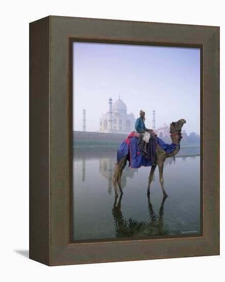 Camel and Rider in Front of the Taj Mahal and Yamuna River, Taj Mahal, Uttar Pradesh State, India-Gavin Hellier-Framed Premier Image Canvas