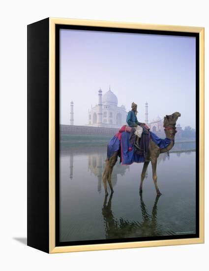 Camel and Rider in Front of the Taj Mahal and Yamuna River, Taj Mahal, Uttar Pradesh State, India-Gavin Hellier-Framed Premier Image Canvas