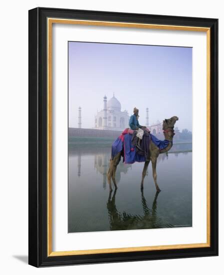 Camel and Rider in Front of the Taj Mahal and Yamuna River, Taj Mahal, Uttar Pradesh State, India-Gavin Hellier-Framed Photographic Print