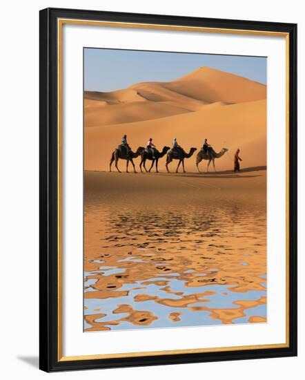 Camel Caravan Going along the Lake the Sahara Desert, Morocco.-Vladimir Wrangel-Framed Photographic Print