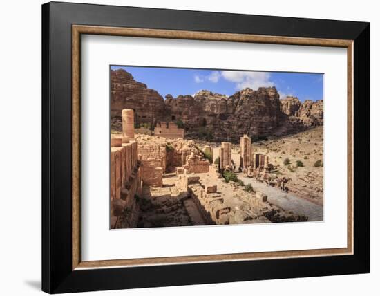 Camel Train Approaches Temenos Gateway with Qasr Al-Bint Temple, Middle East-Eleanor Scriven-Framed Photographic Print