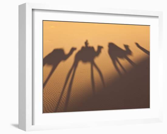 Camel Train Shadows, Erg Chebbi, Sahara Desert, Morocco-Peter Adams-Framed Photographic Print