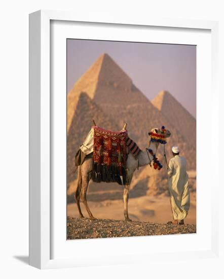 Camel with Woven Saddle Cloth Being Led Towards Pyramids by Man in White Robe, at Giza, Egypt-null-Framed Photographic Print