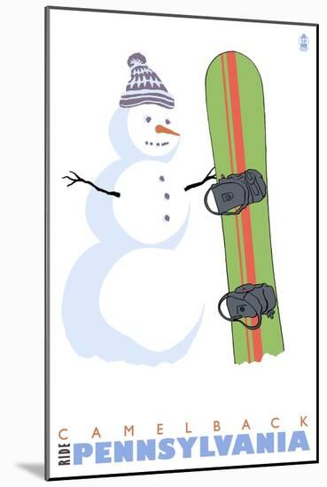 Camelback, Pennsylvania, Snowman with Snowboard-Lantern Press-Mounted Art Print