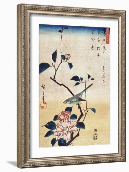 Camellia and Bush Warbler, Japanese Wood-Cut Print-Lantern Press-Framed Art Print