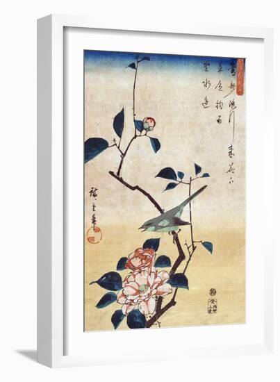 Camellia and Bush Warbler, Japanese Wood-Cut Print-Lantern Press-Framed Art Print