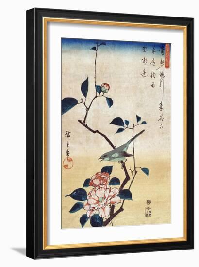 Camellia and Bush Warbler, Japanese Wood-Cut Print-Lantern Press-Framed Art Print