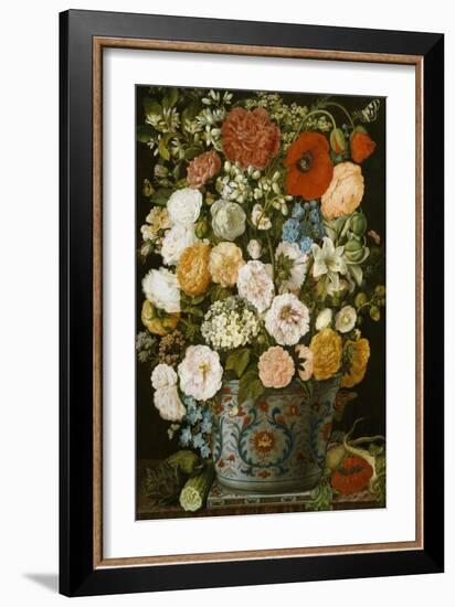 Camellias, Poppies, a White Hydrangea, Roses, Carnations, and Lilies in an Imari Urn-German School-Framed Giclee Print