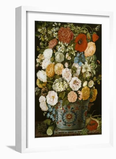 Camellias, Poppies, a White Hydrangea, Roses, Carnations, and Lilies in an Imari Urn-German School-Framed Giclee Print