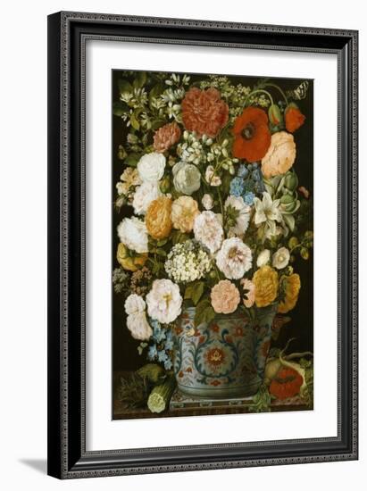 Camellias, Poppies, a White Hydrangea, Roses, Carnations, and Lilies in an Imari Urn-German School-Framed Giclee Print