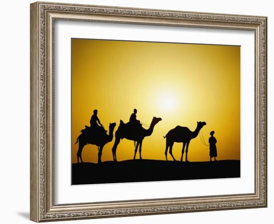 Camels and camel driver silhouetted at sunset, Thar Desert, Jodhpur, India-Adam Jones-Framed Photographic Print