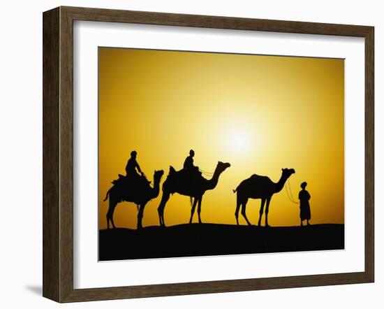 Camels and camel driver silhouetted at sunset, Thar Desert, Jodhpur, India-Adam Jones-Framed Photographic Print